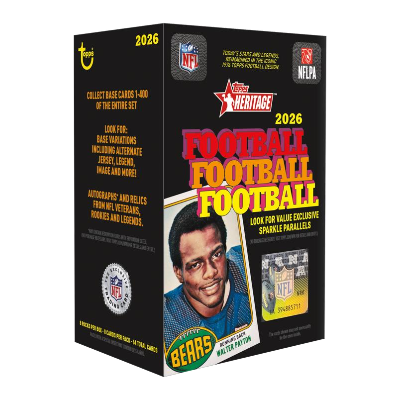Topps Heritage Football 2026 Value Box featuring an image of Walter Payton on the front and text detailing set contents, including base cards, variations, autographs, and relics.
