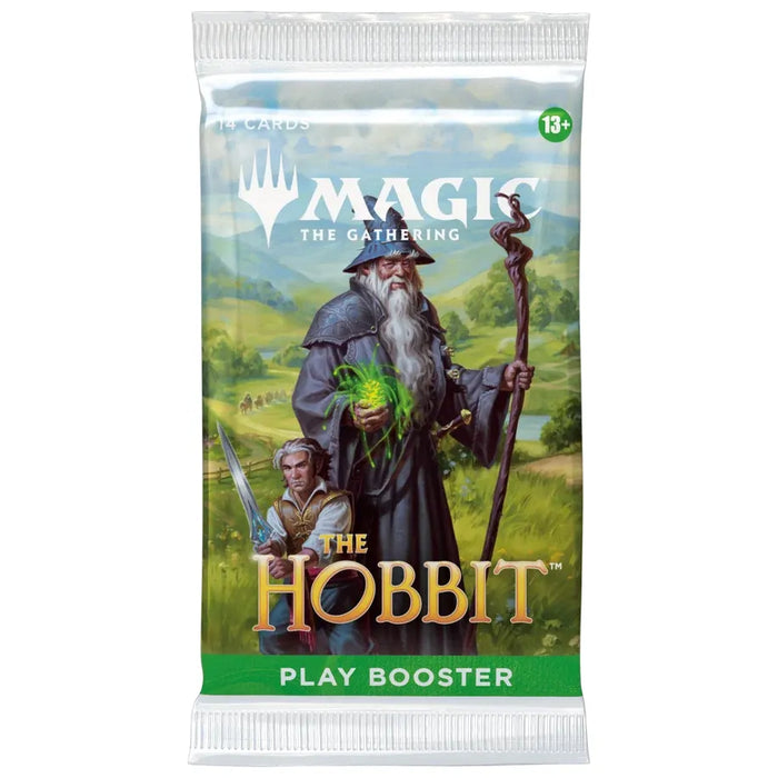 Wizards of the Coast presents the Magic the Gathering: The Hobbit Play Booster, featuring artwork of a wizard wielding a staff with glowing magic alongside a hobbit brandishing a sword, all set against a lush green countryside backdrop.