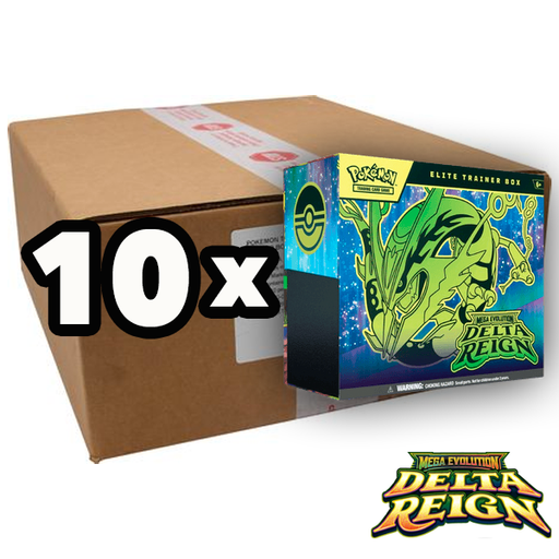 A cardboard shipping box displaying “10x” in bold text and an image of the Pokémon TCG: Delta Reign Elite Trainer Box by The Pokémon Company. Featuring the official Delta Reign logo at the bottom right corner, this is the ideal Pokémon TCG: Delta Reign Elite Trainer Box Case for collectors or Mega Evolution fans.
