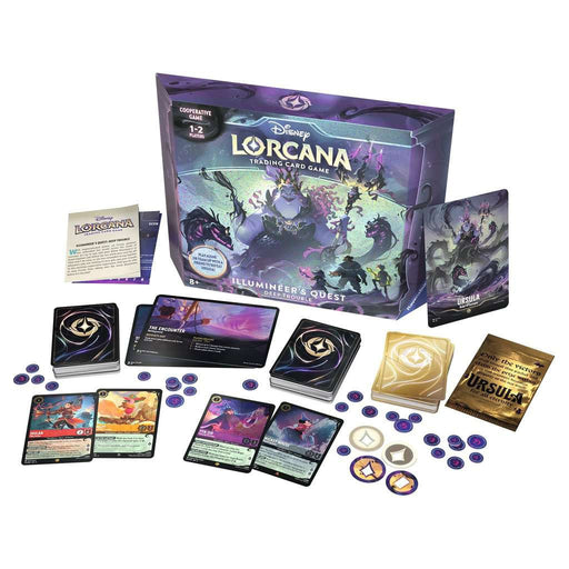 Ravensburger Disney Lorcana: Illumineer's Quest - Deep Trouble trading card game set, showcasing the game box, cards, tokens, rulebook, and assorted game pieces neatly arranged on a white surface.