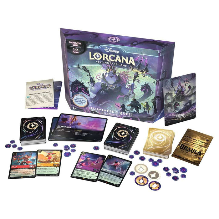Ravensburger Disney Lorcana: Illumineer's Quest - Deep Trouble trading card game set, showcasing the game box, cards, tokens, rulebook, and assorted game pieces neatly arranged on a white surface.