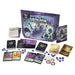 Ravensburger Disney Lorcana: Illumineer's Quest - Deep Trouble trading card game set, showcasing the game box, cards, tokens, rulebook, and assorted game pieces neatly arranged on a white surface.