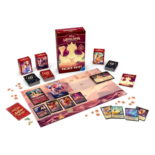 Ravensburger Disney Lorcana: Illumineer's Quest – Palace Heist set, including box, cards, tokens, player mats, and game board arranged on a white background.