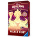 Box for Disney Lorcana: Illumineer's Quest – Palace Heist by Ravensburger. The cover features a large magical figure above a group of smaller characters, set against adventure-themed graphics and text in gold, purple, and red tones.
