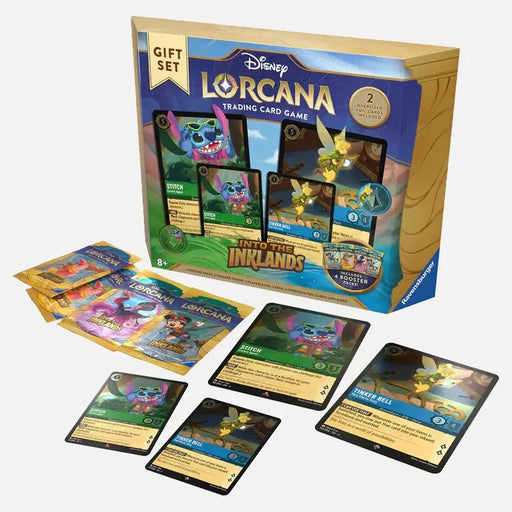 Ravensburger Disney Lorcana: Into the Inklands Gift Set featuring cards, packs, and tokens displayed in front of the box. The box indicates it includes 2 collectible oversized foil cards.