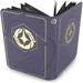 The Disney Lorcana Premium Lorebook by Ravensburger is a purple card binder featuring gold geometric designs and symbols, shown standing upright and slightly open to reveal its black card pages inside.