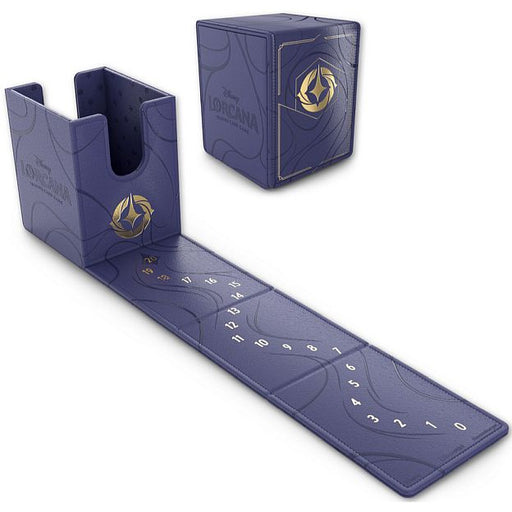 The Ravensburger Disney Lorcana Premium Deck Box is a purple deck box with a fold-out playmat featuring numbered spaces and a gold emblem, designed for organizing and playing trading cards.