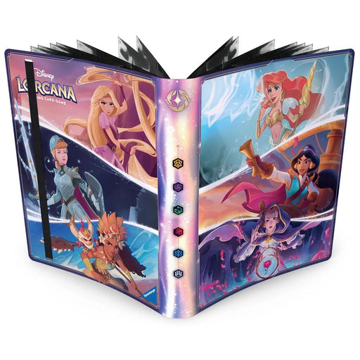 Introducing the Ravensburger Disney Lorcana Princess Portfolio Binder—a card album featuring Rapunzel, Elsa, Stitch, Moana, Ariel, and Jasmine on the cover, set against vibrant magical backgrounds with card symbols adorning the spine.