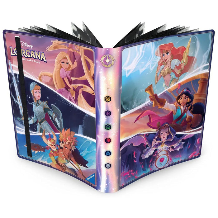 Introducing the Ravensburger Disney Lorcana Princess Portfolio Binder—a card album featuring Rapunzel, Elsa, Stitch, Moana, Ariel, and Jasmine on the cover, set against vibrant magical backgrounds with card symbols adorning the spine.