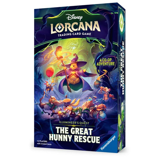 Box cover for Ravensburger's Disney Lorcana: Attack of the Vine Illumineer's Quest – The Great Hunny Rescue, featuring Winnie the Pooh and friends on a magical cooperative adventure for 1-2 players.