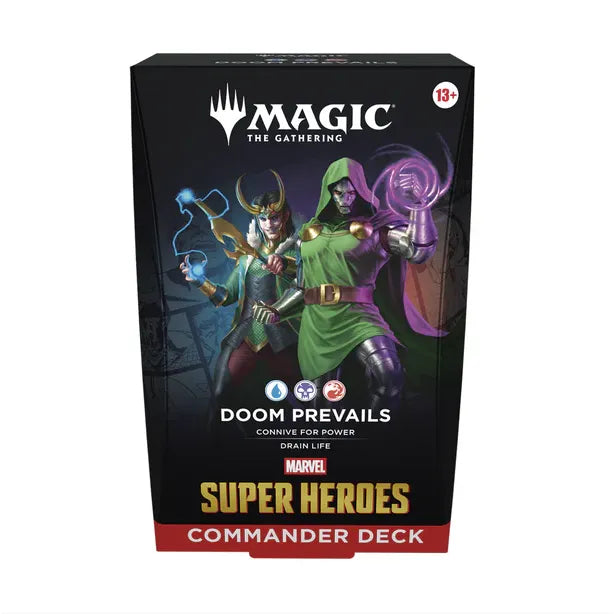 A Wizards of the Coast Magic: The Gathering Marvel Super Heroes Commander Deck box featuring Marvel’s Loki and Doctor Doom. Showcasing the Universes Beyond collaboration, the packaging displays logos for Magic: The Gathering, Marvel, and age 13+, with text highlighting the deck’s “Doom Prevails” theme and included contents.