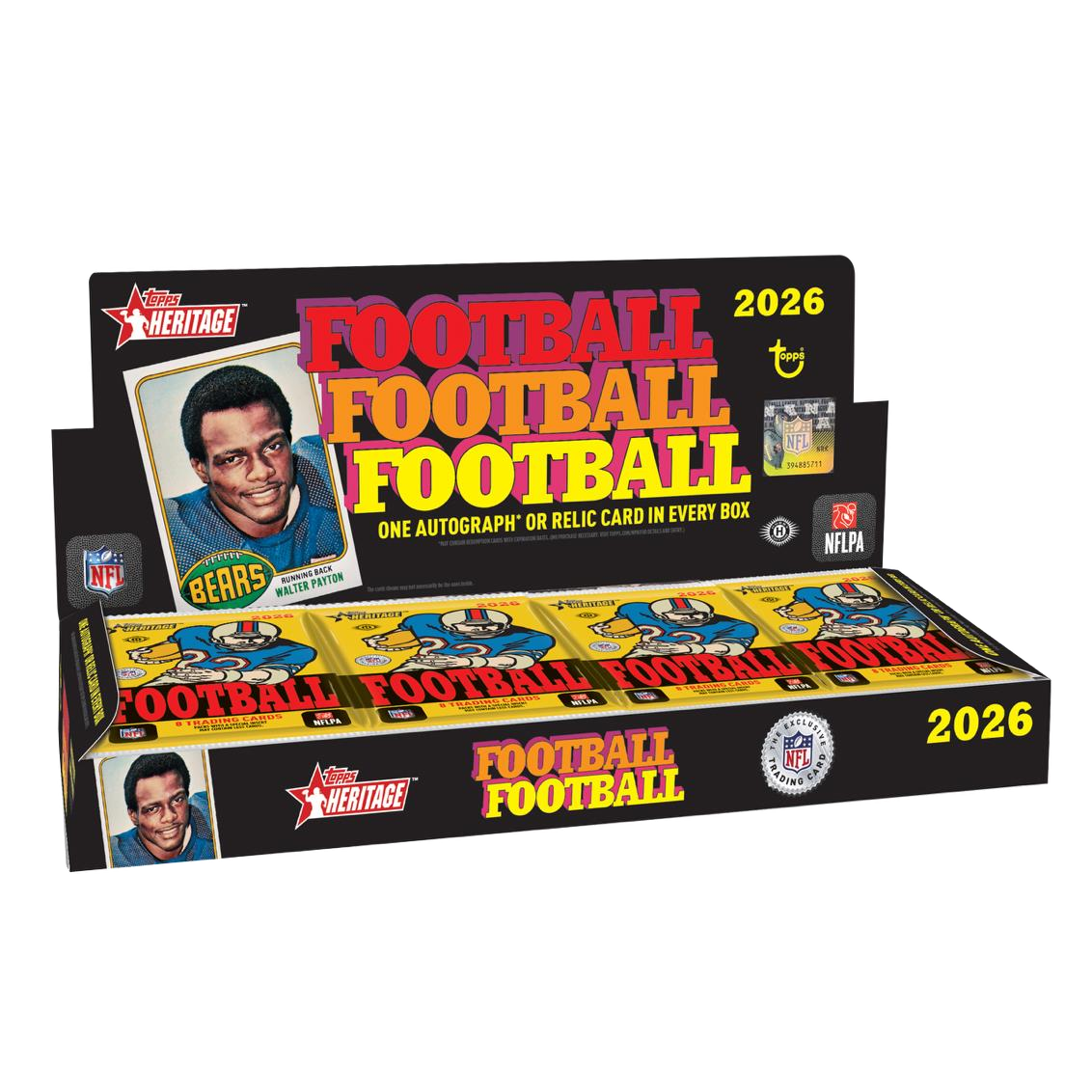 Topps Heritage Football 2026 Hobby Box display featuring an image of Walter Payton, with text highlighting that each box contains one autograph or relic card.