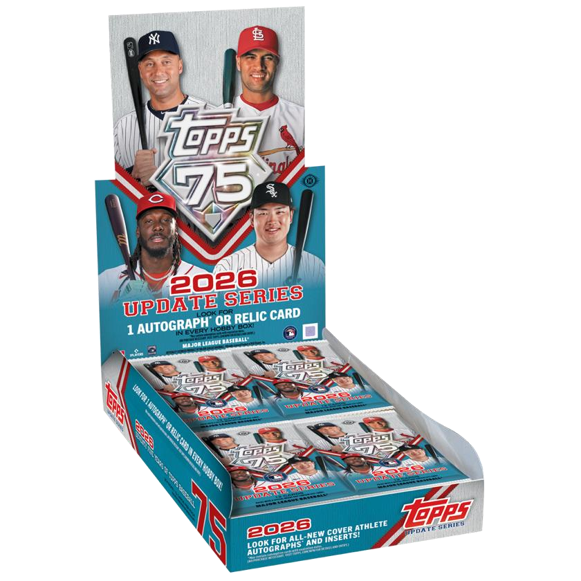 A Topps Update Series MLB 2026 Hobby Box, featuring four baseball players on the display header and filled with multiple sealed packs.
