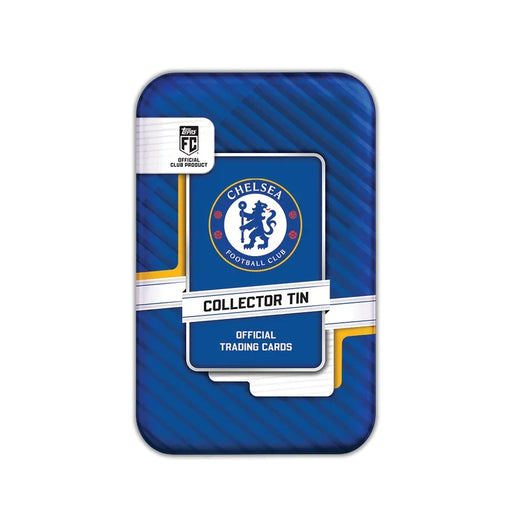 The Topps Collector Tin 2026/27 Chelsea is a blue tin featuring the Chelsea Football Club logo, diagonal lines across the design, and the Topps logo in the corner. The text reads “Collector Tin Official Trading Cards.”.