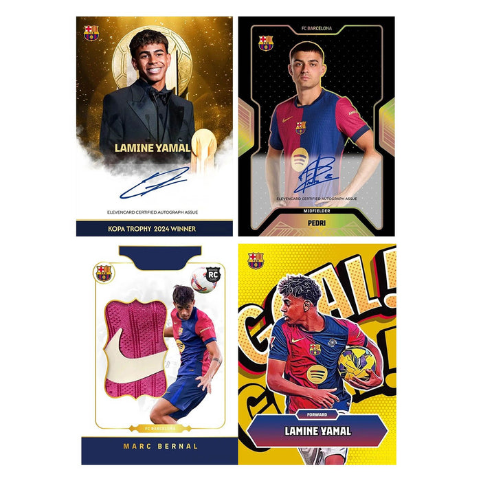 Here is a rewritten version using the provided product data: Four collectible refractor football cards from the Rogerz ELEVENCARD FC Barcelona Team Set Refractor Team Box, featuring La Liga 24/25 stars Lamine Yamal, Pedri, and Marc Bernal—each card boasting unique designs, authentic signatures, and official team logos.
