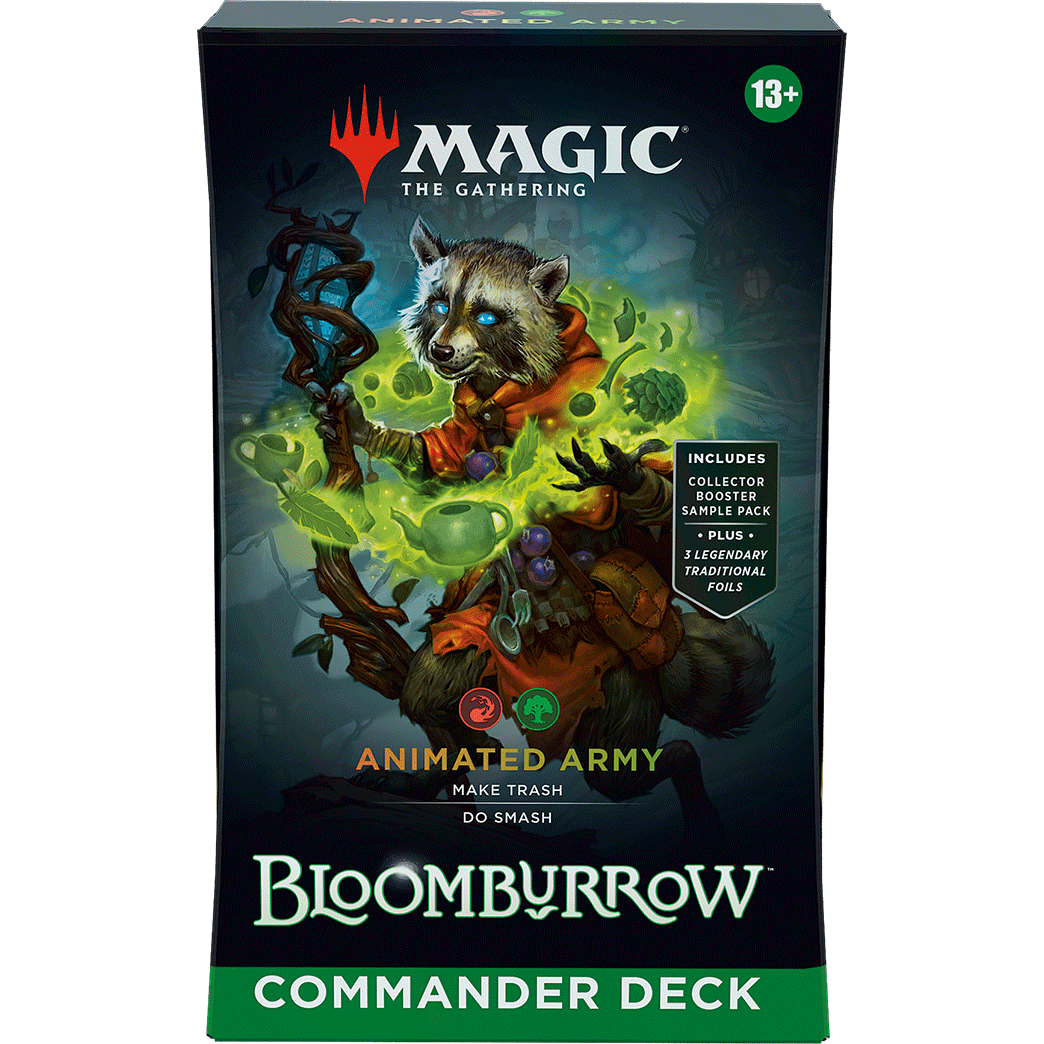 A raccoon mage holds a glowing wooden staff surrounded by floating teapots and greenery on a Magic: The Gathering - Bloomburrow Commander Deck game box.