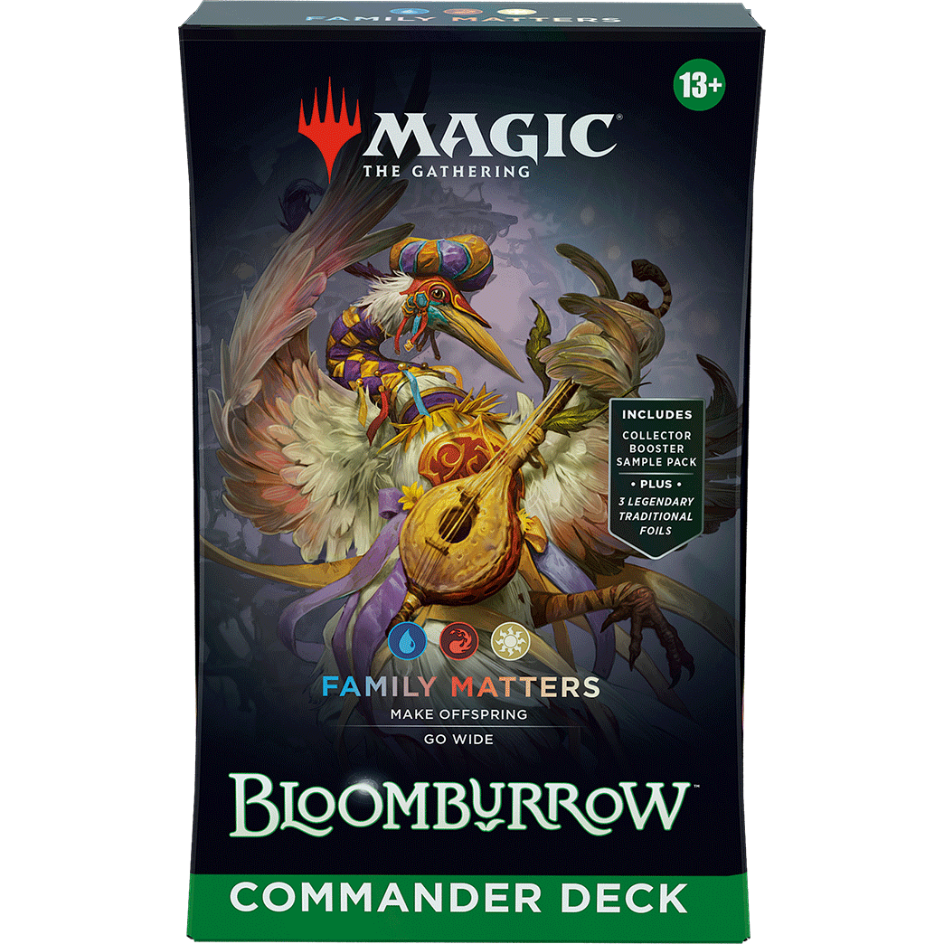 A sealed Magic: The Gathering - Bloomburrow Commander Deck box featuring a bird wearing a colorful hat and playing a lute, with text reading Family Matters.
