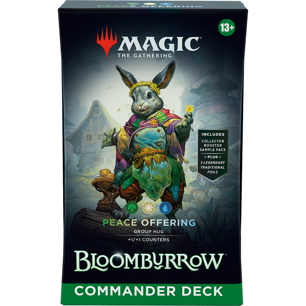 A rabbit wearing a floral crown and colorful tunic stands on a log on the packaging for the Magic: The Gathering - Bloomburrow Commander Deck, Peace Offering.