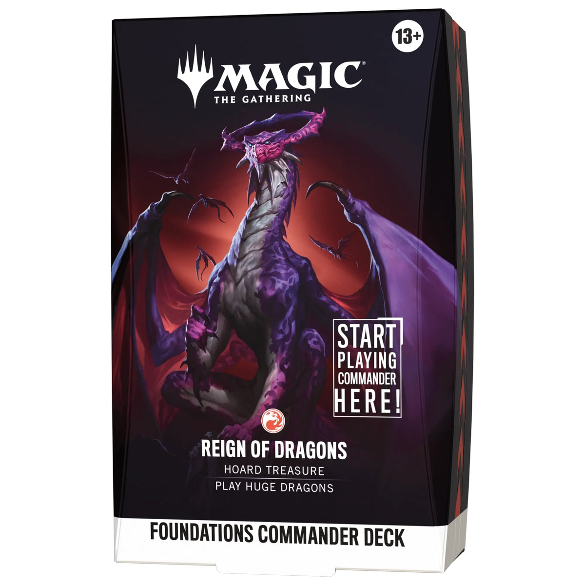 Box for a Magic: The Gathering - Foundations Commander Deck featuring a large purple and black dragon with wings spread against a dark red background, with text reading Start playing Commander here! and Reign of Dragons.