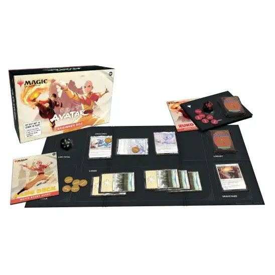 The Wizards of the Coast Magic the Gathering: Avatar The Last Airbender Beginner Box is displayed on a white background, featuring cards, tokens, dice, a playmat, and a quick start guide.
