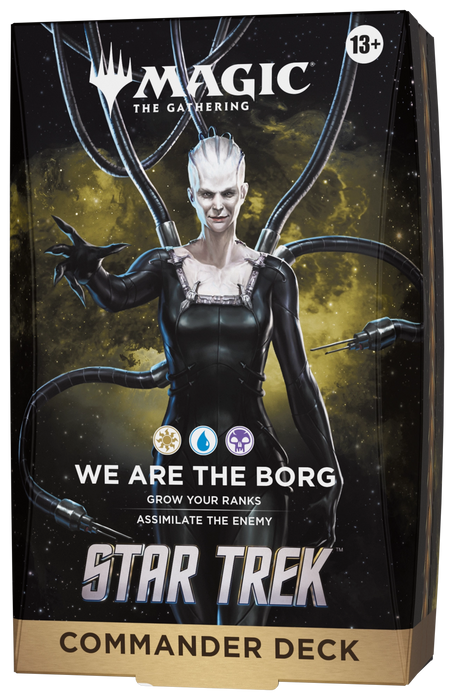 A Magic: The Gathering - Star Trek Commander Decks box by Wizards of the Coast features the Borg Queen with cables extending from her head, set against a cosmic backdrop. The packaging displays the phrases “We Are the Borg” and “Assimilate the Enemy.” Ideal for fans of Star Trek Commander decks, this collectible is recommended for ages 13 and up.