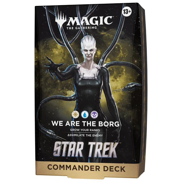 A Magic: The Gathering - Star Trek Commander Decks box by Wizards of the Coast features the Borg Queen with cables extending from her head, set against a cosmic backdrop. The packaging displays the phrases “We Are the Borg” and “Assimilate the Enemy.” Ideal for fans of Star Trek Commander decks, this collectible is recommended for ages 13 and up.