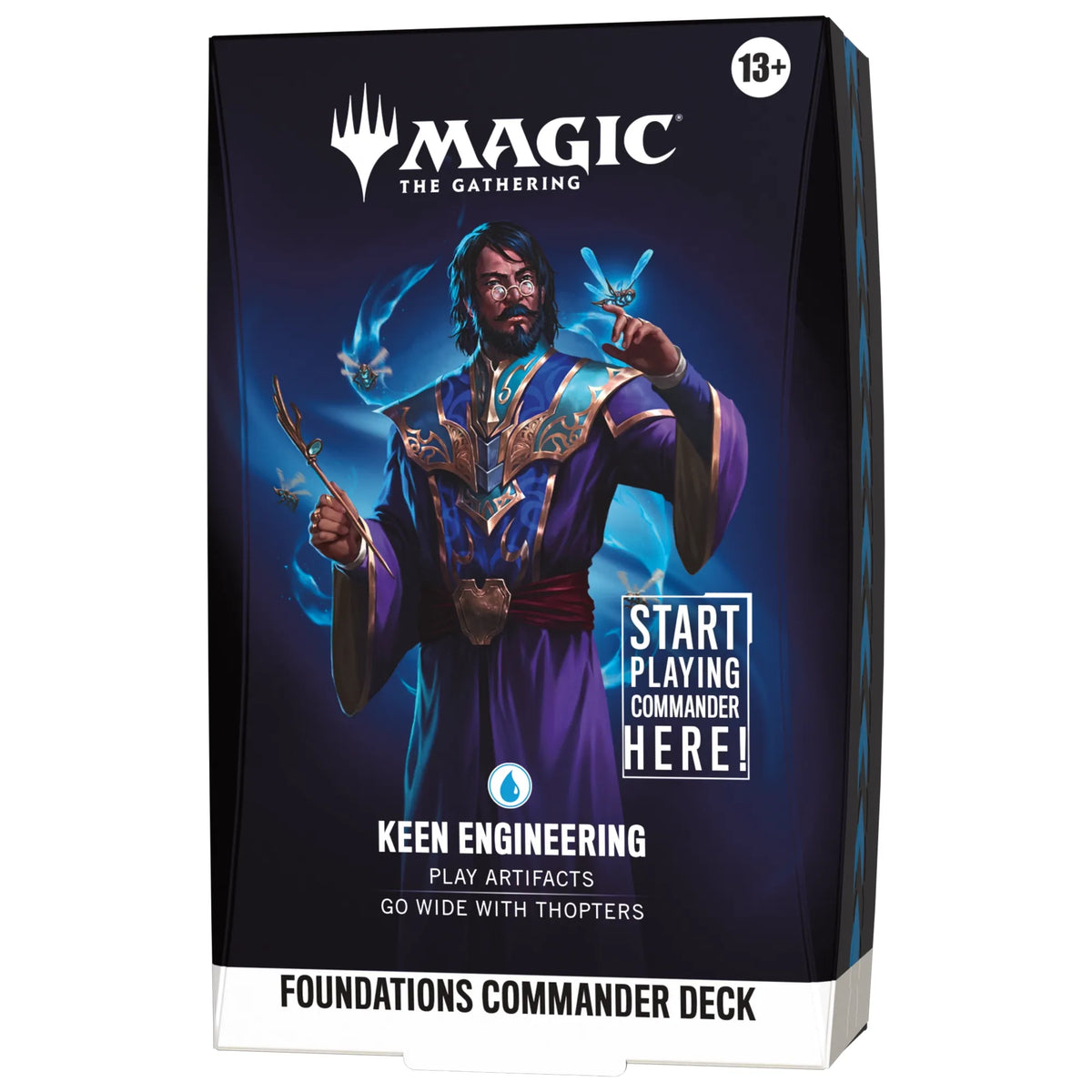 Magic: The Gathering - Foundations Commander Deck box featuring a wizard in purple robes with a mechanical device; text reads Keen Engineering, Start Playing Commander Here, and Play Artifacts Go Wide With Thopters.