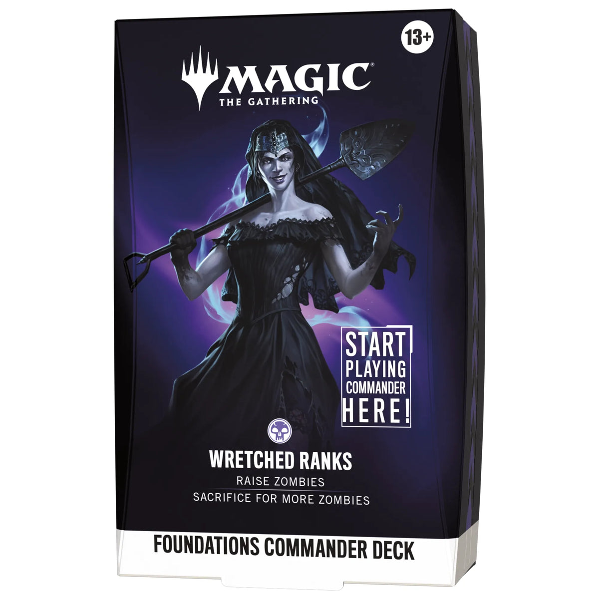 Magic: The Gathering - Foundations Commander Deck box featuring an illustration of a female vampire holding a shovel, labeled Wretched Ranks and Raise Zombies.