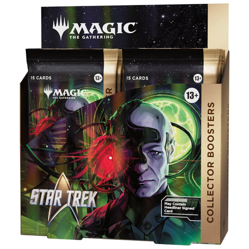 The Magic: The Gathering – Star Trek Collector Booster Display by Wizards of the Coast features striking sci-fi artwork of a Borg character. Part of the Universes Beyond series and suitable for ages 13 and up, this display contains card packs and is labeled “May Contain Headliner Signed Card.”.