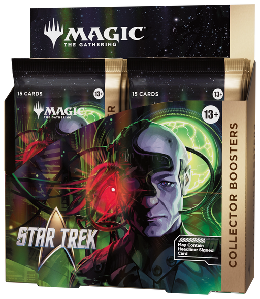The Magic: The Gathering – Star Trek Collector Booster Display by Wizards of the Coast features striking sci-fi artwork of a Borg character. Part of the Universes Beyond series and suitable for ages 13 and up, this display contains card packs and is labeled “May Contain Headliner Signed Card.”.