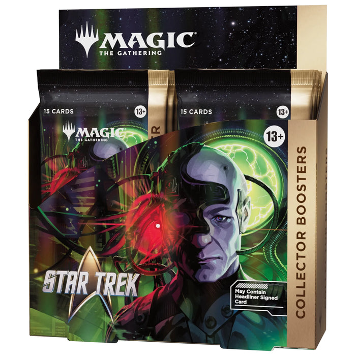 The Magic: The Gathering – Star Trek Collector Booster Display by Wizards of the Coast features striking sci-fi artwork of a Borg character. Part of the Universes Beyond series and suitable for ages 13 and up, this display contains card packs and is labeled “May Contain Headliner Signed Card.”.