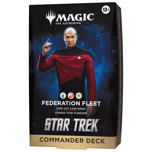 Box for Wizards of the Coast’s Magic: The Gathering - Star Trek Commander Decks from the Universes Beyond series, featuring Captain Jean-Luc Picard in his Starfleet uniform alongside text referencing the Federation Fleet and showcasing blue, white, and red mana symbols. Ideal for Magic: The Gathering fans who enjoy Star Trek Commander Decks. Suitable for ages 13 and up.
