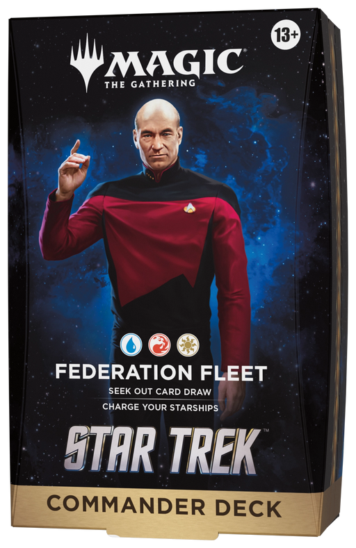 Box for Wizards of the Coast’s Magic: The Gathering - Star Trek Commander Decks from the Universes Beyond series, featuring Captain Jean-Luc Picard in his Starfleet uniform alongside text referencing the Federation Fleet and showcasing blue, white, and red mana symbols. Ideal for Magic: The Gathering fans who enjoy Star Trek Commander Decks. Suitable for ages 13 and up.