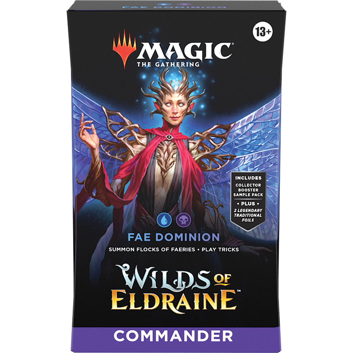 Magic: The Gathering - Wilds of Eldraine Commander Deck box featuring an illustration of a winged, horned faerie character, labeled Fae Dominion.