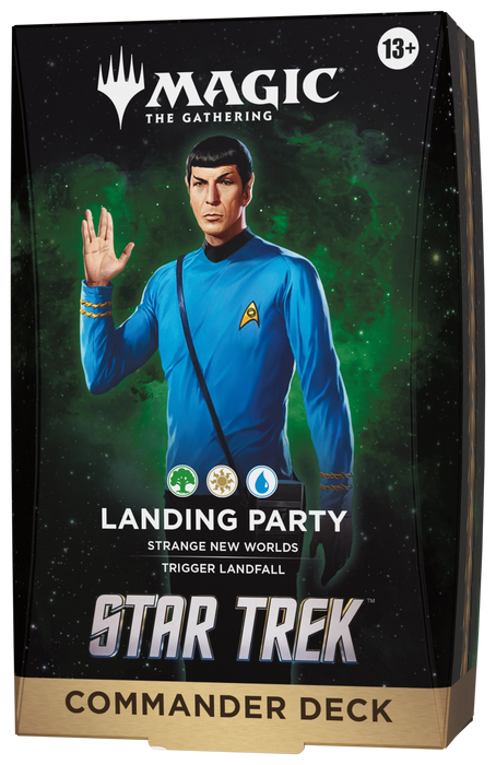 Box for Magic: The Gathering - Star Trek Commander Decks by Wizards of the Coast, showcasing Spock in a blue uniform giving the Vulcan salute. Features Landing Party and age 13+ icons—ideal for fans of Magic: The Gathering’s Star Trek Commander Decks.