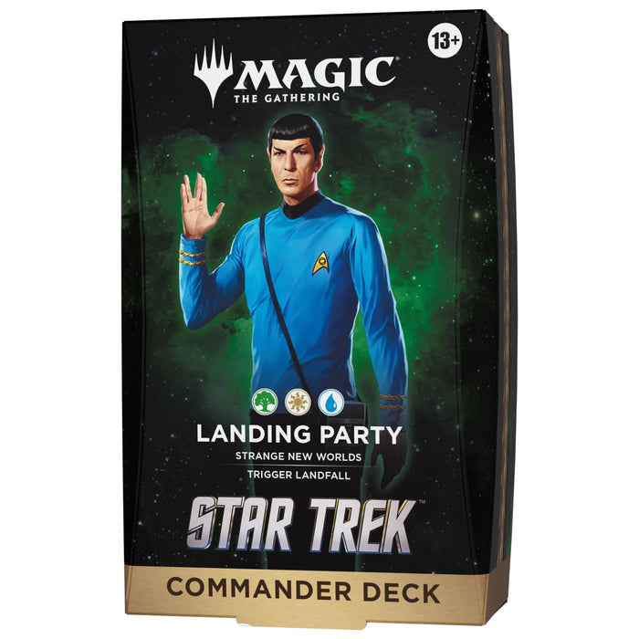 Box for Magic: The Gathering - Star Trek Commander Decks by Wizards of the Coast, showcasing Spock in a blue uniform giving the Vulcan salute. Features Landing Party and age 13+ icons—ideal for fans of Magic: The Gathering’s Star Trek Commander Decks.