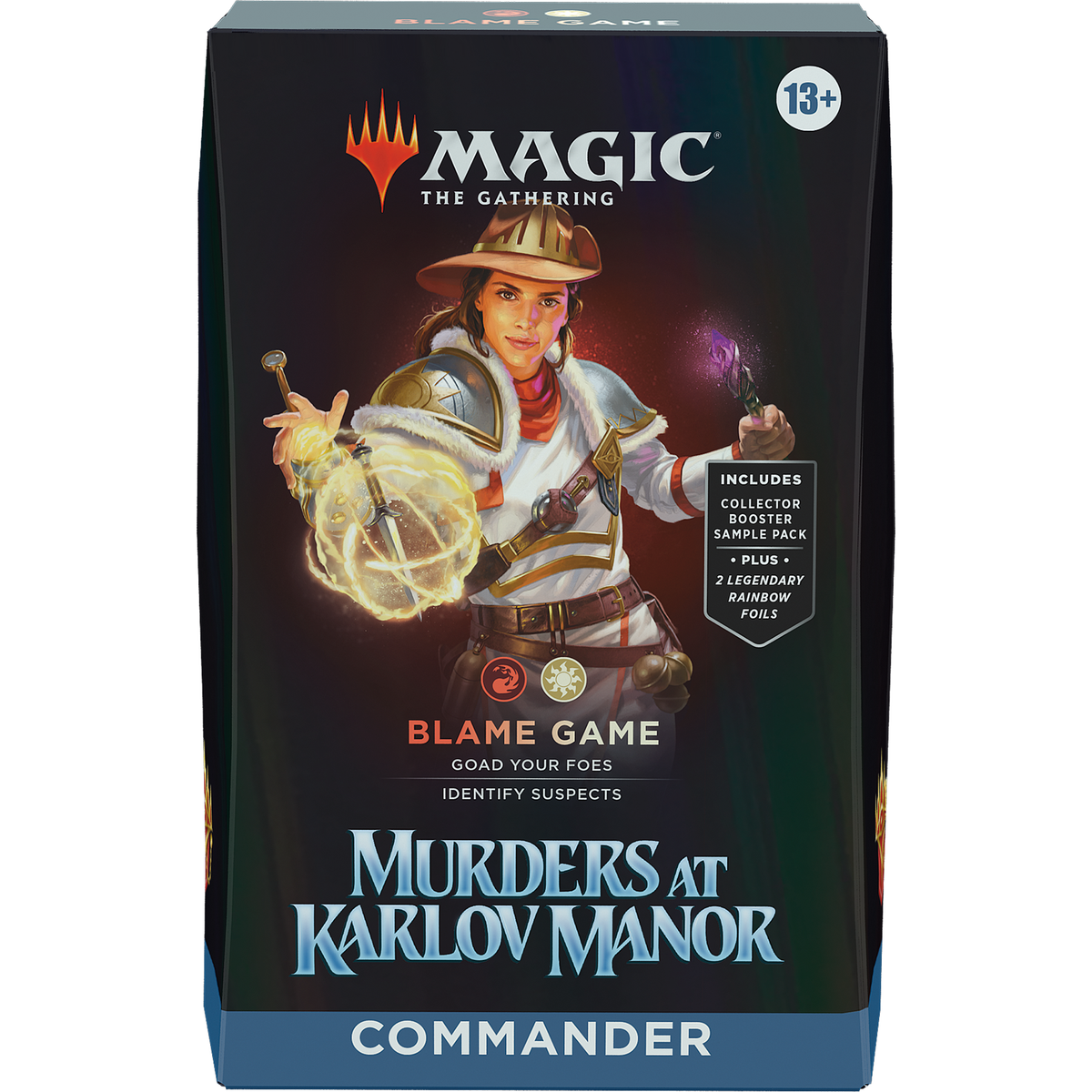 Magic: The Gathering - Murders at Karlov Manor Commander Deck box featuring a detective in a hat holding glowing magical items, with text indicating it includes a collector booster sample pack and two legendary rainbow foils.