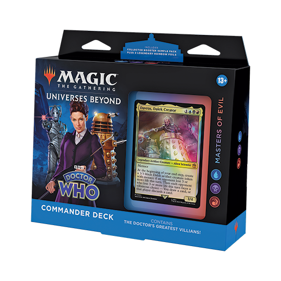 Magic: The Gathering - Doctor Who Commander Deck box featuring characters from the series, displaying the Davros, Dalek Creator card in a cutout window.