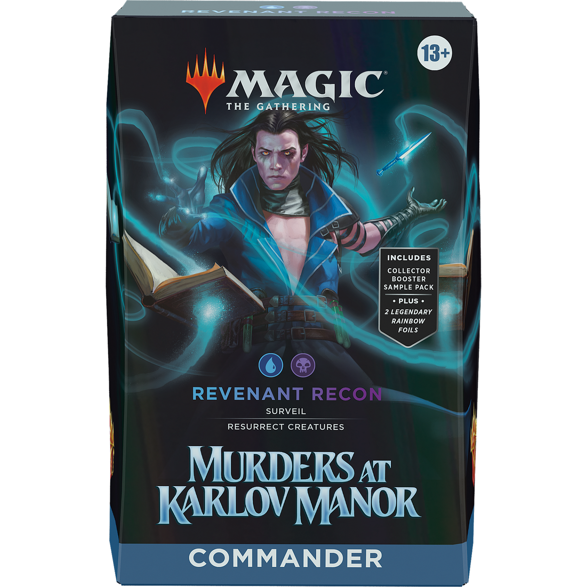 Magic: The Gathering - Murders at Karlov Manor Commander Deck box featuring a blue-cloaked character reading a book with glowing energy.