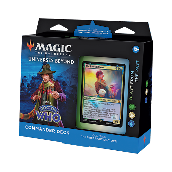 A Magic: The Gathering - Doctor Who Commander Deck box featuring the Fourth Doctor, with a window display showing the Fourth Doctor card.