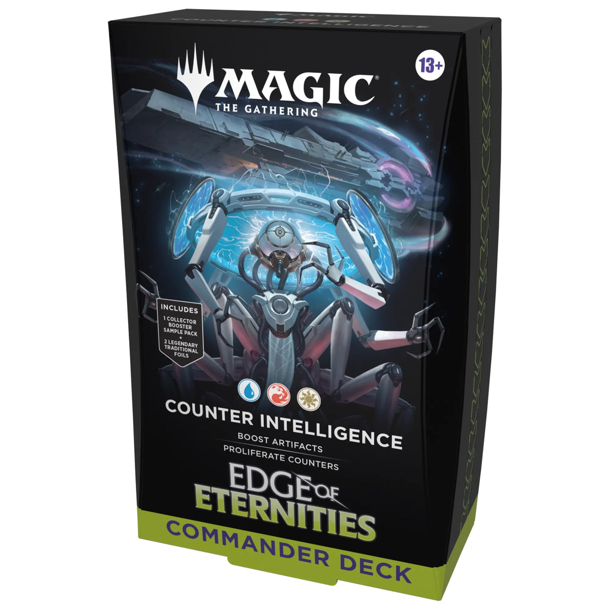 Boxed Magic: The Gathering - Edge of Eternities Commander deck featuring a robotic character with multiple arms and a list of included bonus packs.