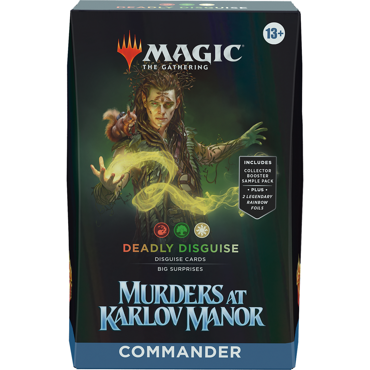 Magic: The Gathering - Murders at Karlov Manor Commander Deck box featuring an elf with a squirrel on his shoulder, with text reading Deadly Disguise, Murders at Karlov Manor, and Commander.