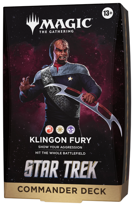 A Wizards of the Coast Magic: The Gathering – Star Trek Commander Decks box designed for ages 13 and up, showcasing a Klingon warrior with a batleth against a starry backdrop and featuring the Star Trek Universes Beyond branding.