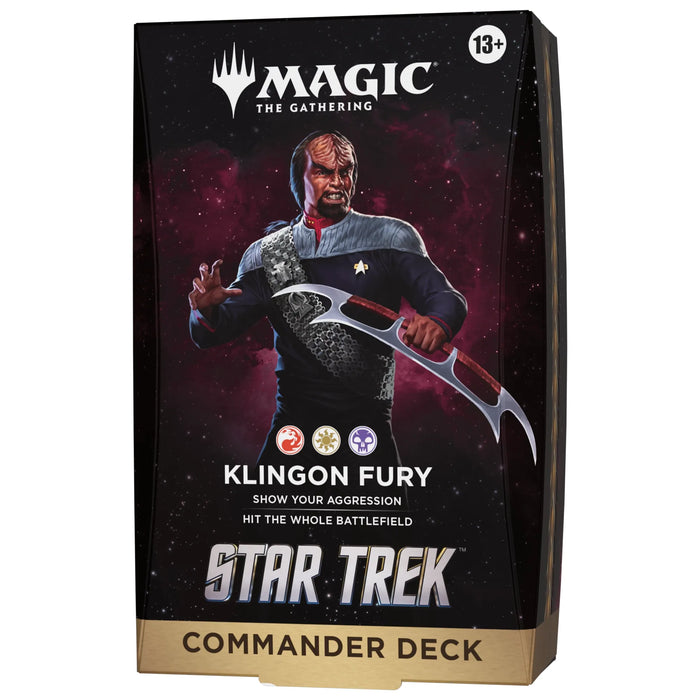 A Wizards of the Coast Magic: The Gathering – Star Trek Commander Decks box designed for ages 13 and up, showcasing a Klingon warrior with a batleth against a starry backdrop and featuring the Star Trek Universes Beyond branding.