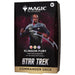 A Wizards of the Coast Magic: The Gathering – Star Trek Commander Decks box designed for ages 13 and up, showcasing a Klingon warrior with a batleth against a starry backdrop and featuring the Star Trek Universes Beyond branding.