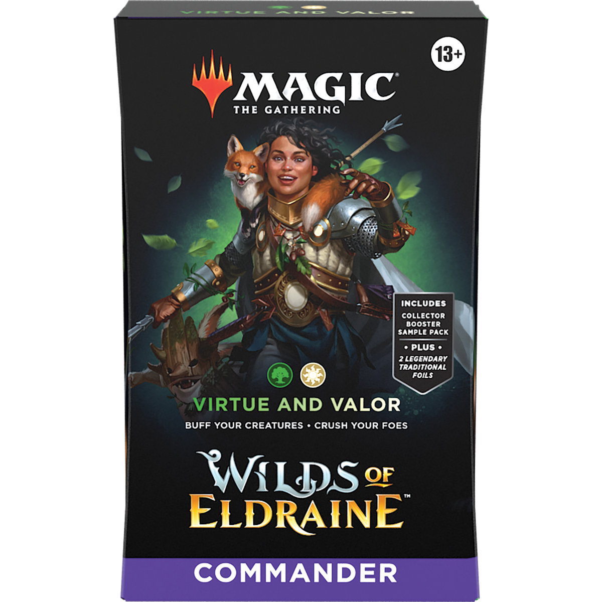 Two Magic: The Gathering - Wilds of Eldraine Commander Deck boxes: Virtue and Valor featuring a female knight with a fox, and Fae Dominion featuring a faerie queen.
