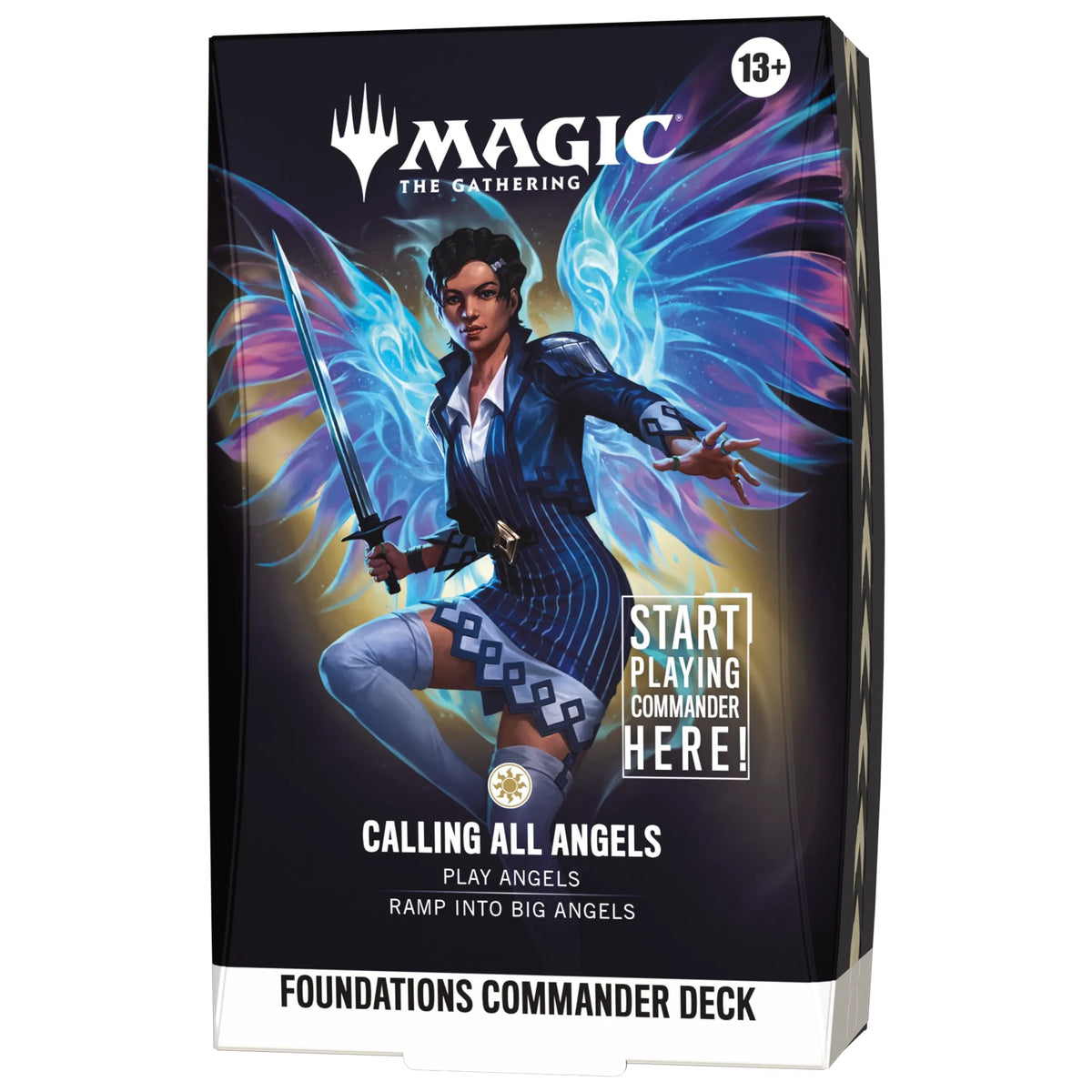 A Magic: The Gathering - Foundations Commander Deck box featuring an illustration of a woman with glowing blue wings holding a sword, with text reading Start playing Commander here! and Calling all Angels.