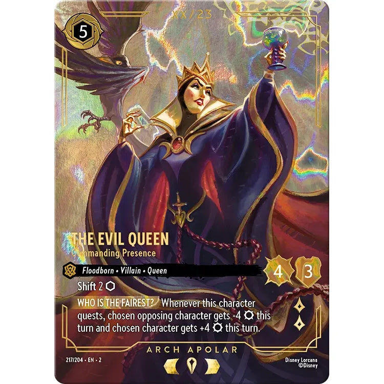 Disney Lorcana: Into the Inkdark Collector Booster Display trading card featuring the Evil Queen holding a glowing goblet with a raven perched on her shoulder, with game stats and text displayed below the art.