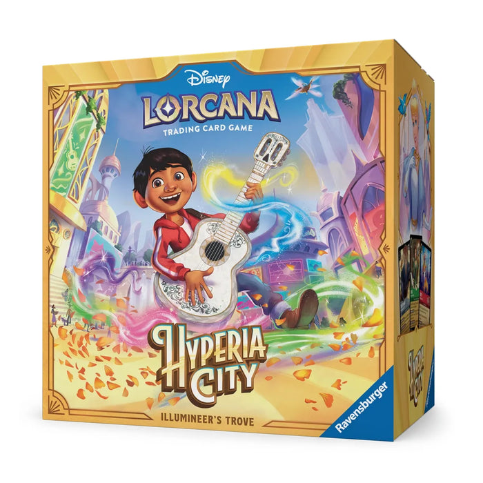 Box art for Ravensburger’s Disney Lorcana: Hyperia City Illumineer’s Trove features a boy holding a glowing guitar, riding swirling magic through a vibrant cityscape. The box is primarily yellow with fantastical buildings and swirling colors.