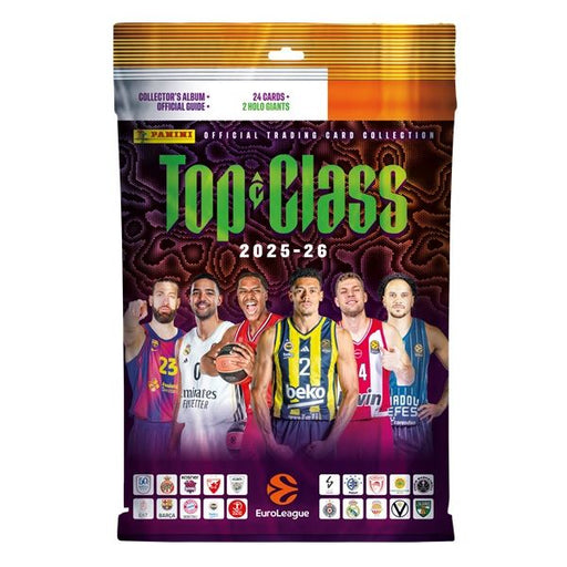 A Panini: EuroLeague Top Class 2025-26 Starter Basketball pack showcasing six players in various team jerseys, set against a vibrant abstract background, with EuroLeague branding featured at the bottom.